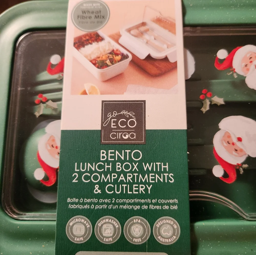 Christmas Santa Claus Bento lunchbox 2 compartments cutlery NEW